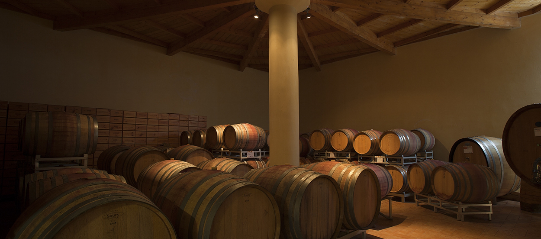 Col di bacche - produzione e vendita vini maremmani : interno della cantina con le caratteristiche bottiin rovere
